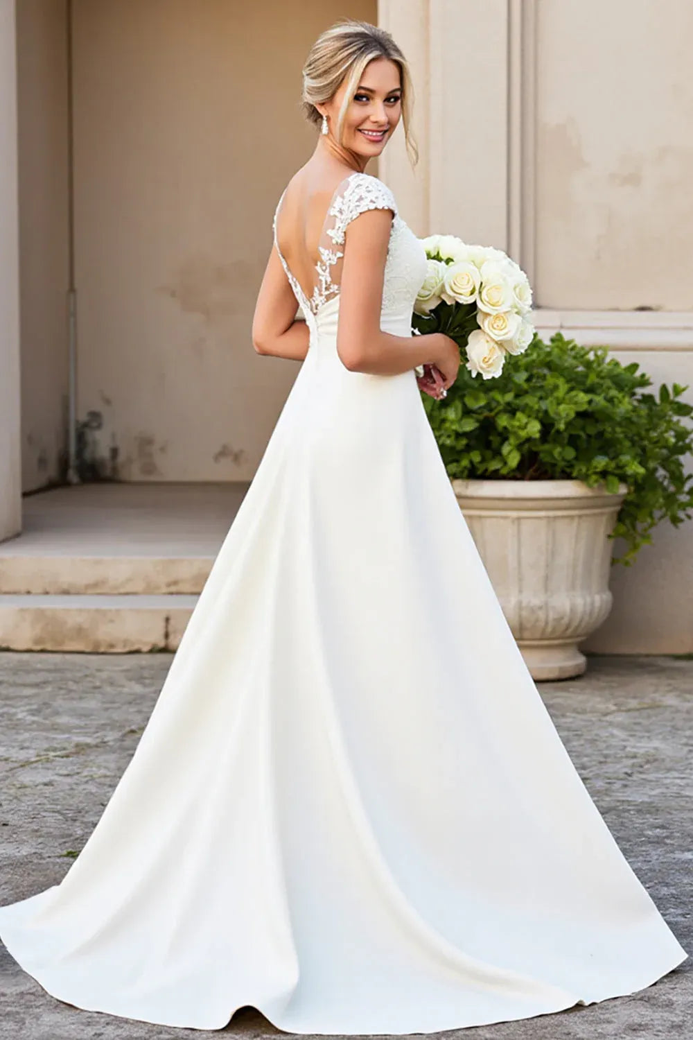 Cap Sleeve Lace A-Line Wedding Dress with Illusion V-Back - Romantic Bridal Gown