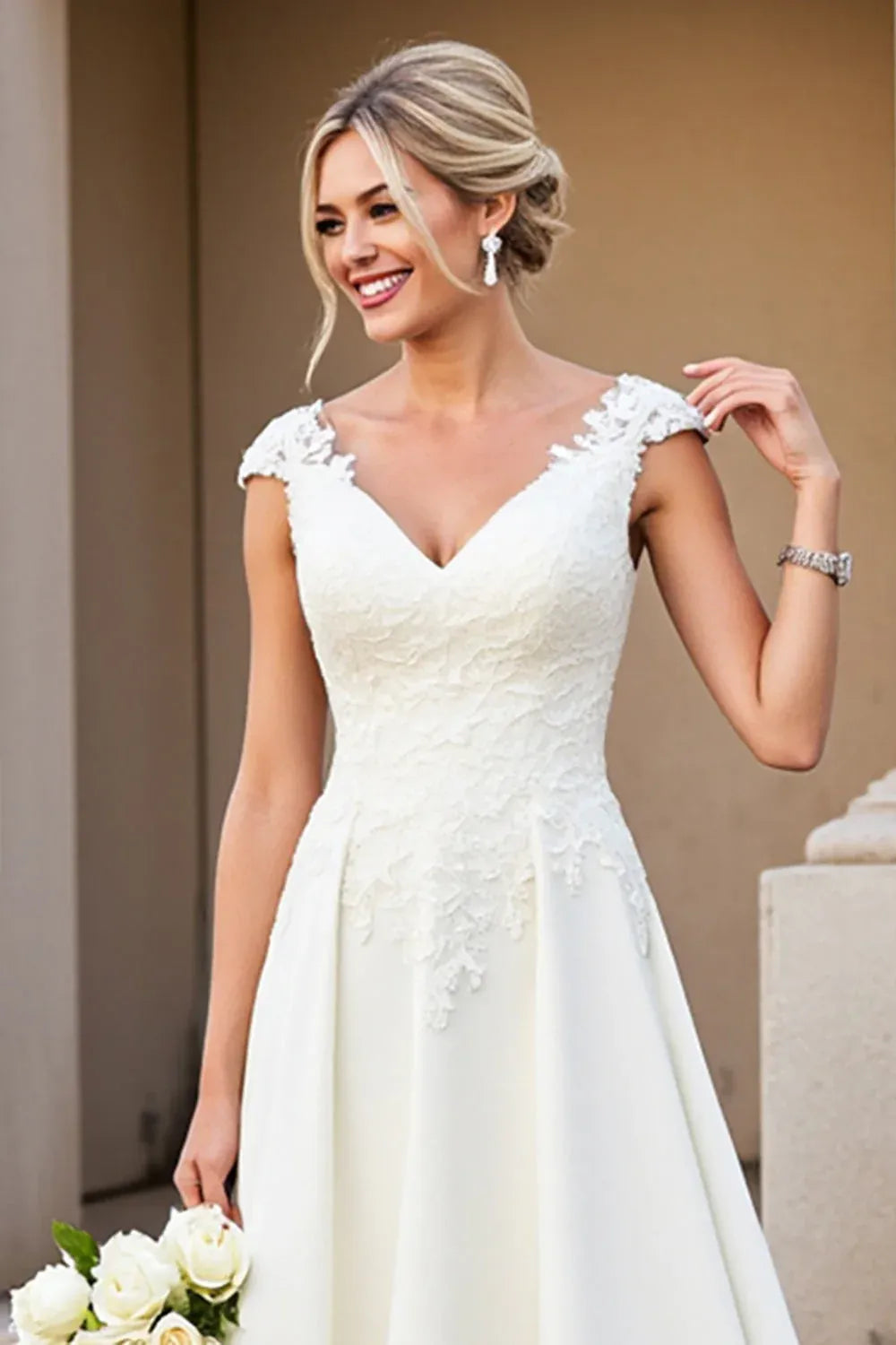 Cap Sleeve Lace A-Line Wedding Dress with Illusion V-Back - Romantic Bridal Gown