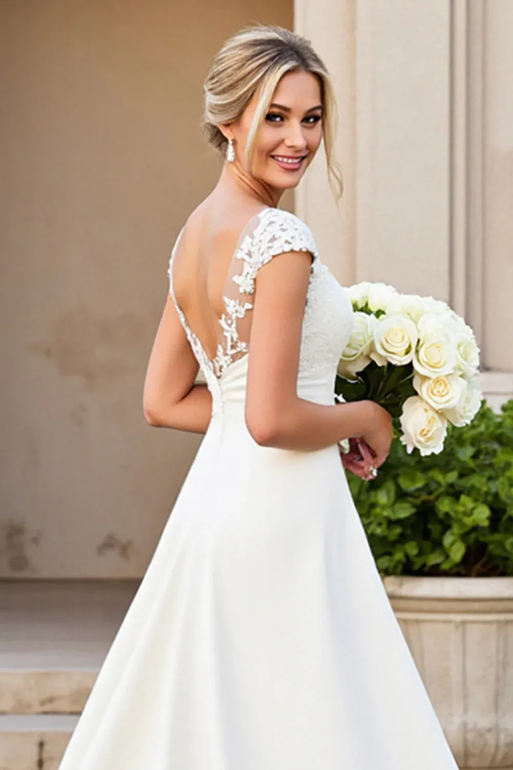 Cap Sleeve Lace A-Line Wedding Dress with Illusion V-Back - Romantic Bridal Gown