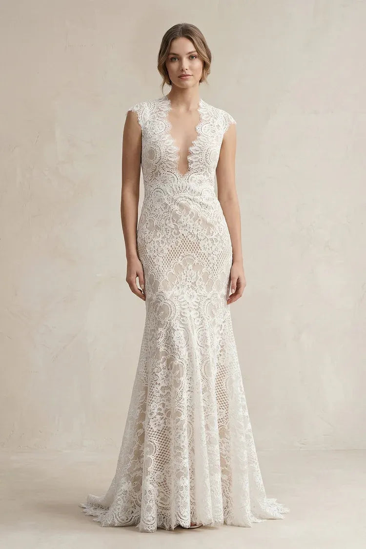 Cap Sleeve V-Neck Lace Mermaid Elegant  with delicate  sleeves Wedding Dress with Keyhole Back