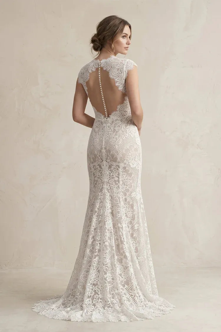 Cap Sleeve V-Neck Lace Mermaid Elegant  with delicate  sleeves Wedding Dress with Keyhole Back