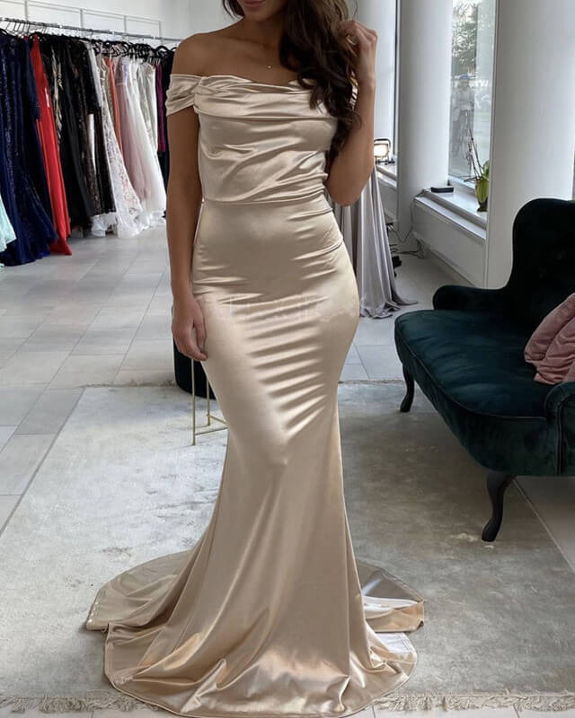 Champagne Satin Evening Dresses Off Shoulder