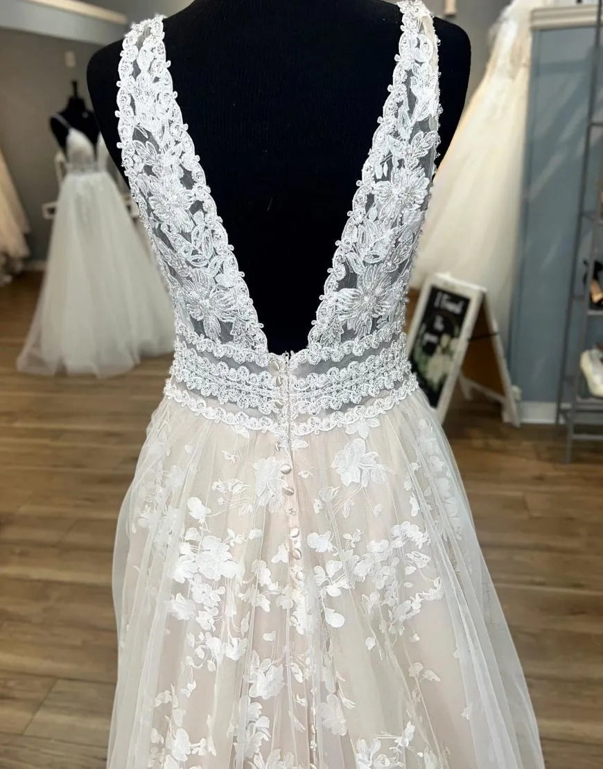 A-Line Deep V Neck Plus Size Wedding Dress With Appliques