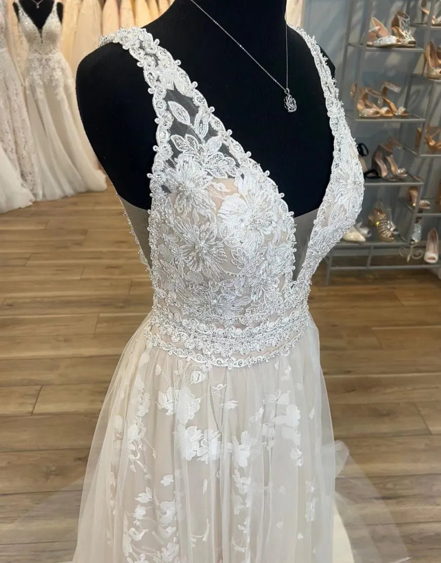 A-Line Deep V Neck Plus Size Wedding Dress With Appliques