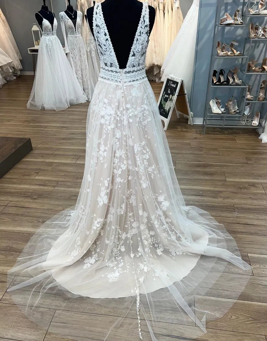 A-Line Deep V Neck Plus Size Wedding Dress With Appliques