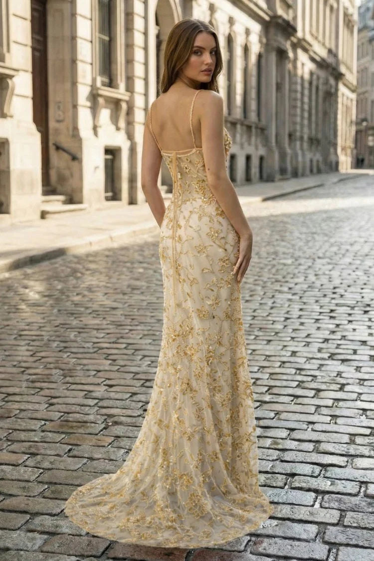Champagne Maxi Evening Dresses with Spaghetti Straps 3D Floral Beaded Embroidery Open Back and Mermaid Train