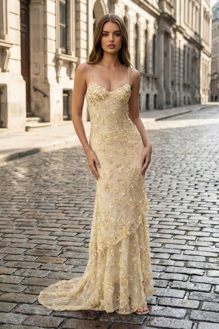 Champagne Maxi Evening Dresses with Spaghetti Straps 3D Floral Beaded Embroidery Open Back and Mermaid Train