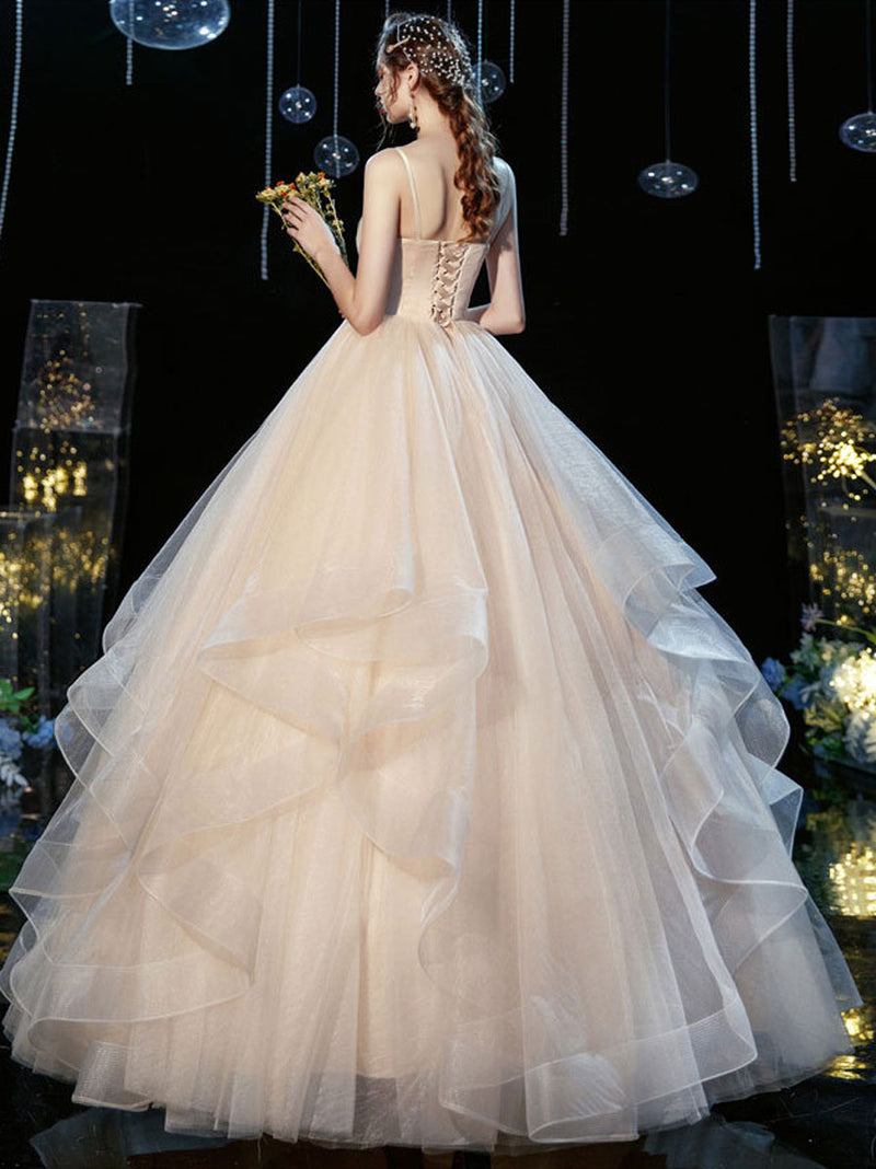 V neck tulle long wedding gown champagne wedding dress