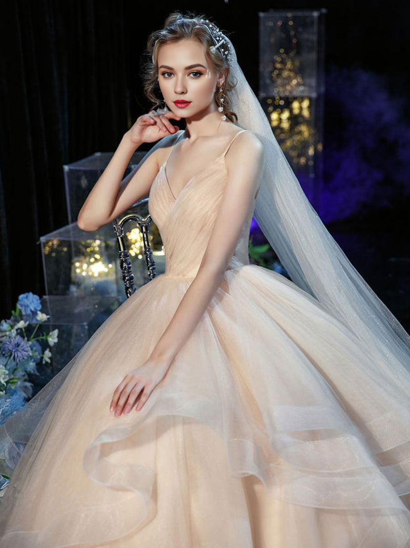 V neck tulle long wedding gown champagne wedding dress