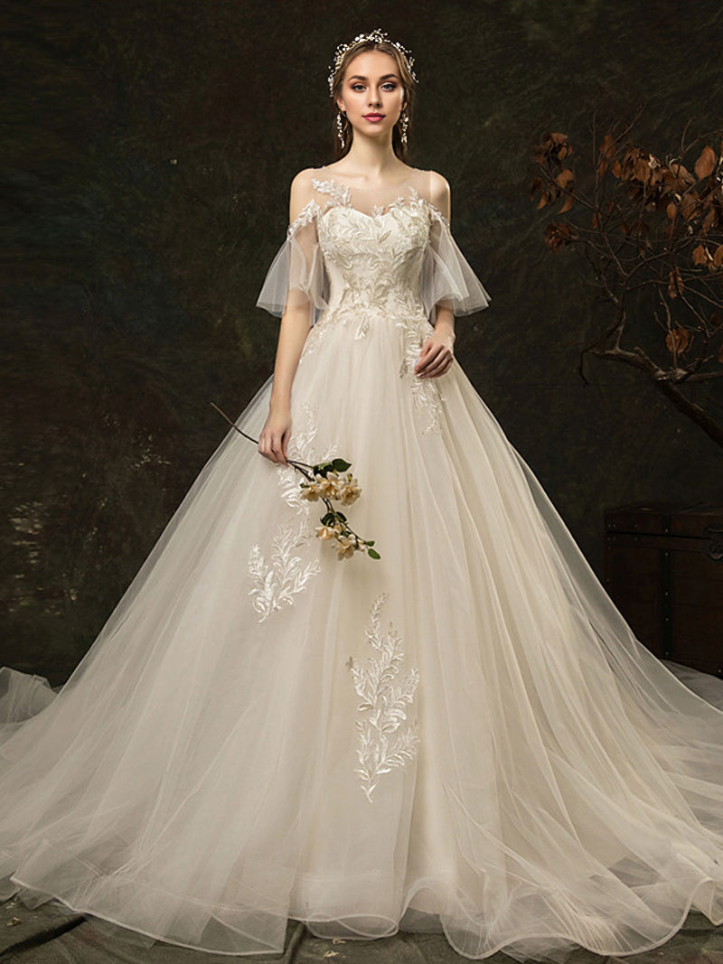Round Neck Tulle Lace Long Wedding Dress Bridal Dress