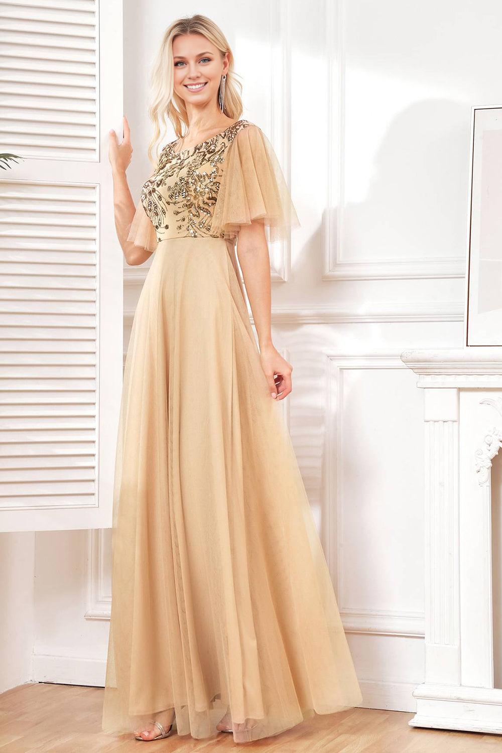 Champagne A Line Sequins Tulle Floor-Length Dress with Bat Sleeves