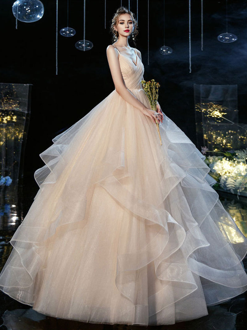 V neck tulle long wedding gown champagne wedding dress