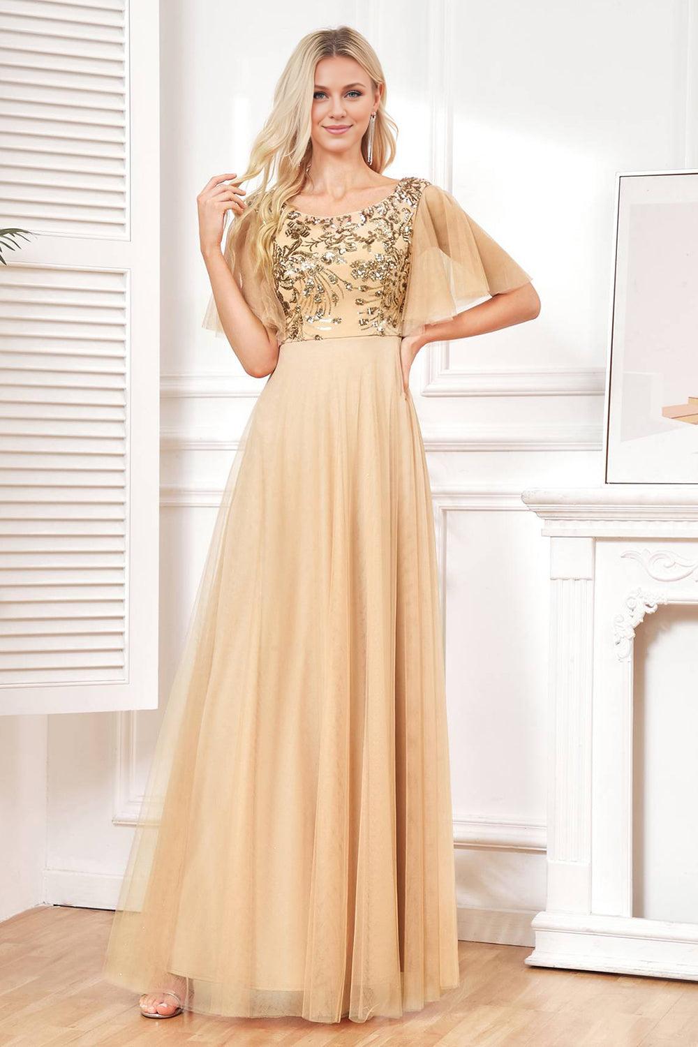 Champagne A Line Sequins Tulle Floor-Length Dress with Bat Sleeves