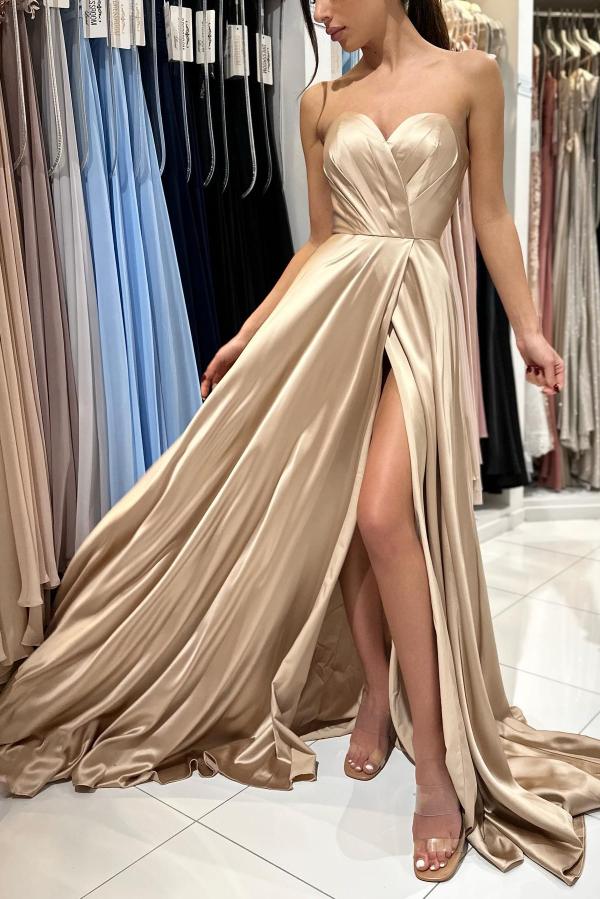 Champagne Long A-line Strapless Sleeveless Prom Dress with Slit