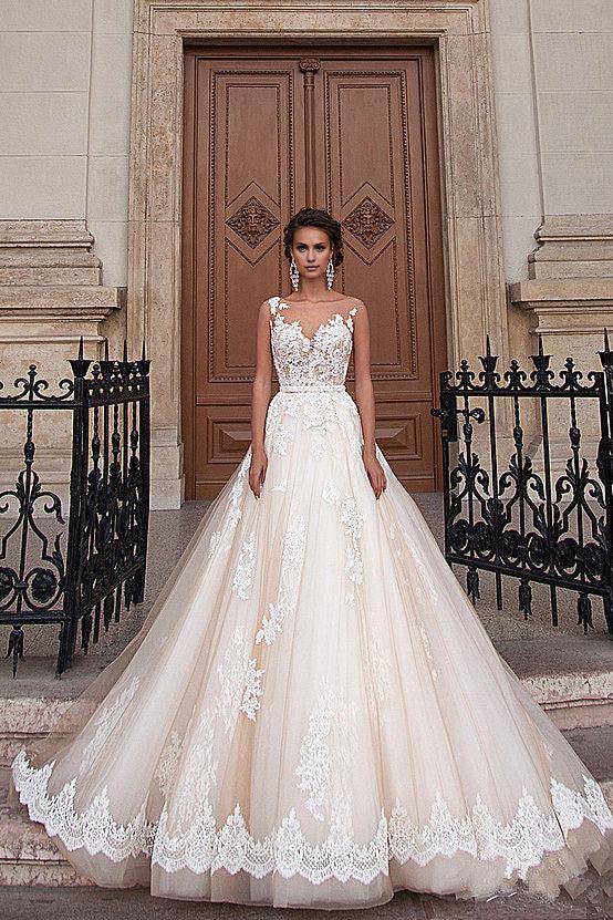 A-line Light Champagne Wedding Dresses Lace Sheer Tulle Stunning Bridal Gowns
