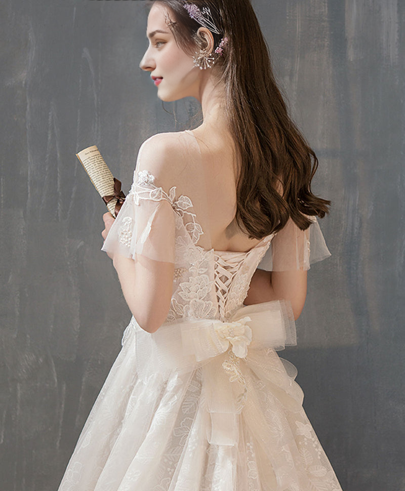 Champagne Tulle Lace Long Wedding Dress Lace Bridal Dress