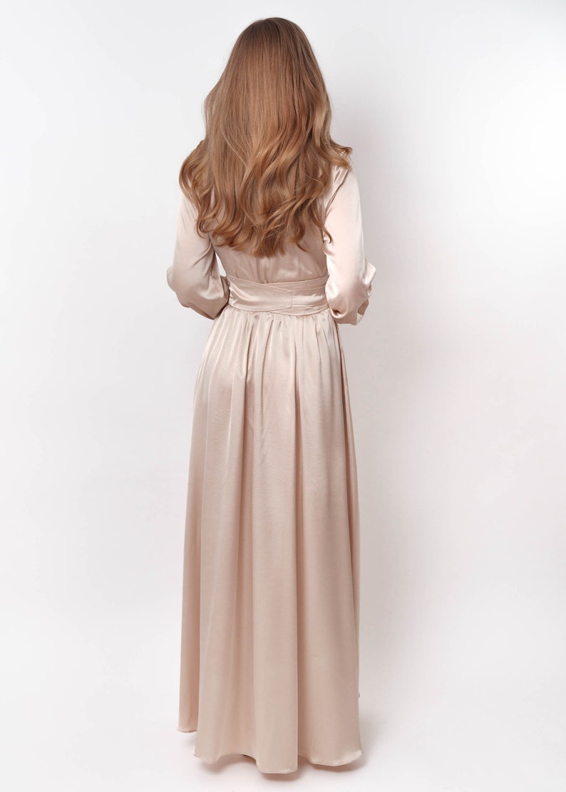 Champagne Long Sleeved Formal Bridesmaid Dress With Decoration On The Front