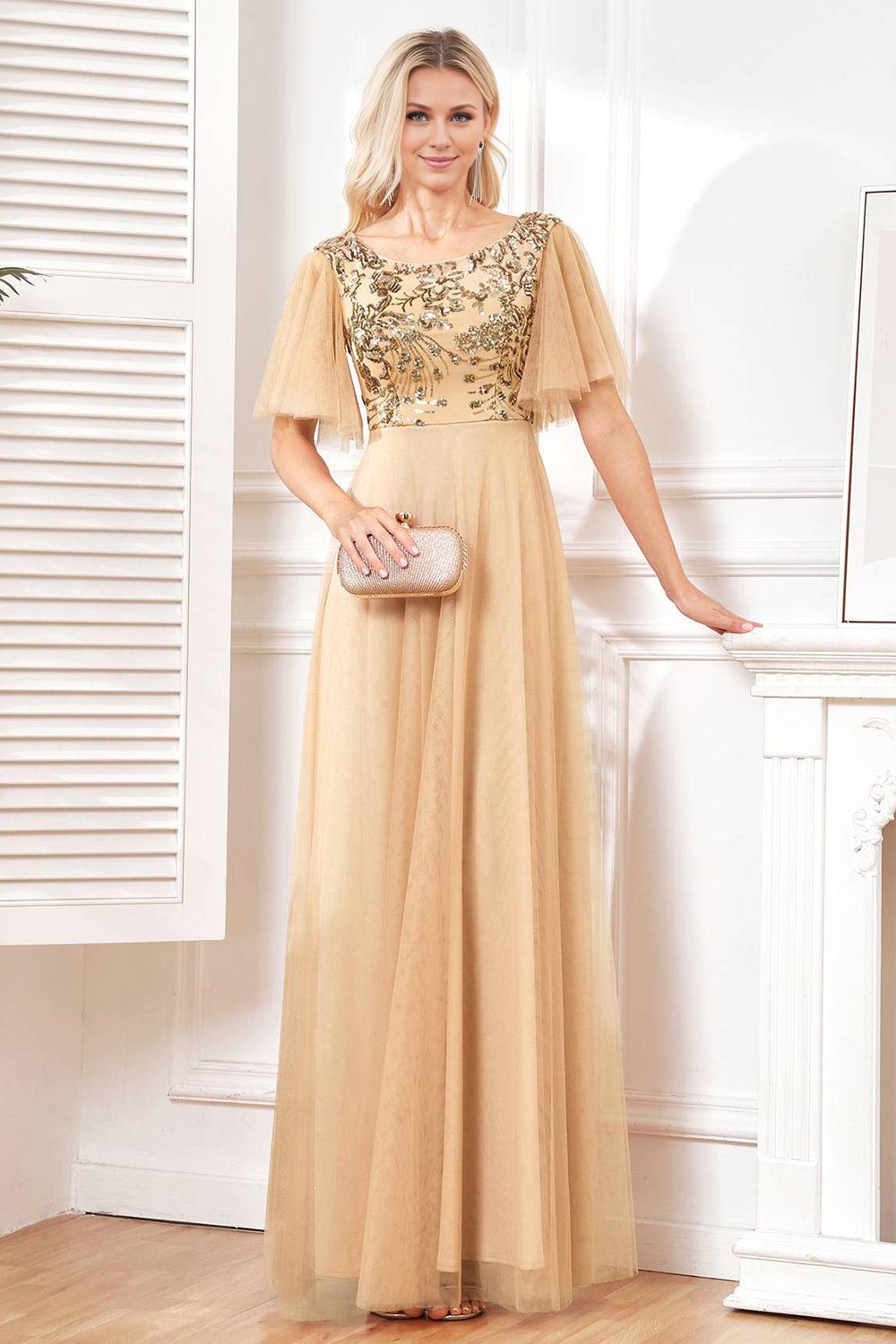 Champagne A Line Sequins Tulle Floor-Length Dress with Bat Sleeves