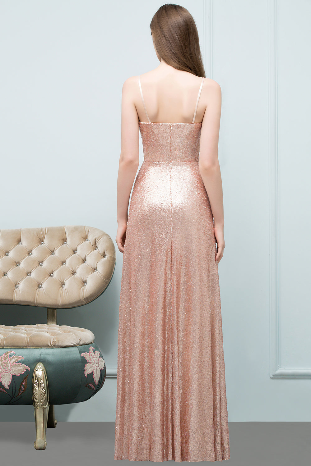 A-line Sequined V-Neck Spaghetti-Straps Sleeveless Floor-Length Bridesmaid Dress