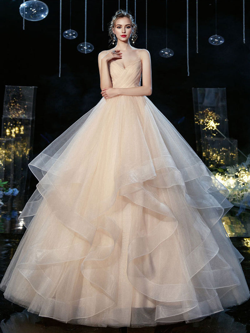 V neck tulle long wedding gown champagne wedding dress