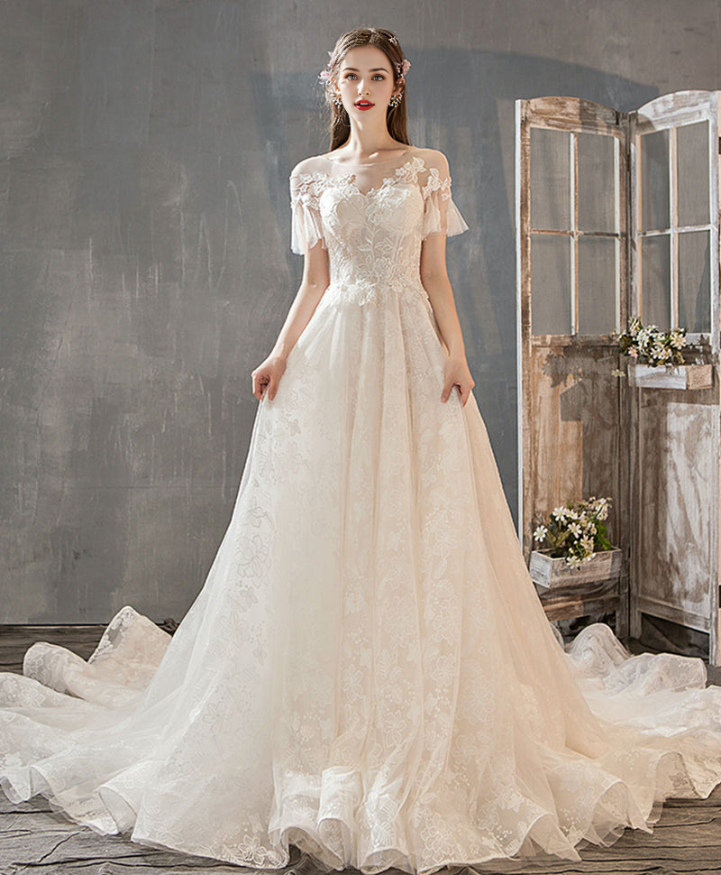 Champagne Tulle Lace Long Wedding Dress Lace Bridal Dress
