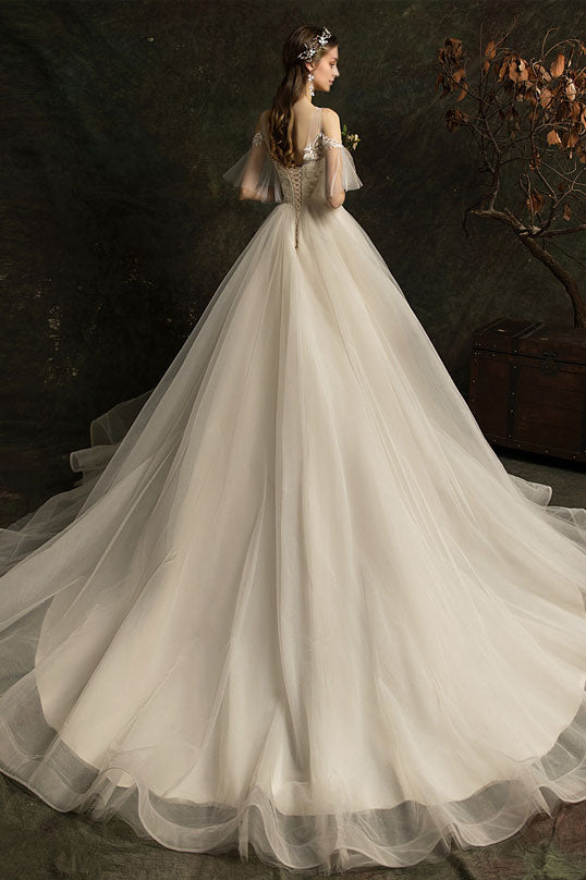 Round Neck Tulle Lace Long Wedding Dress Bridal Dress