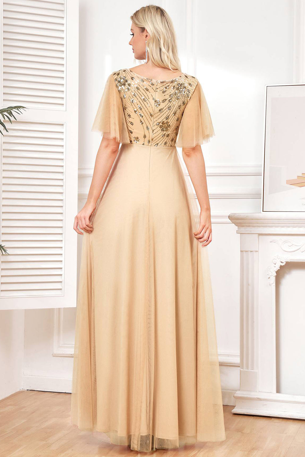 Champagne A Line Sequins Tulle Floor-Length Dress with Bat Sleeves