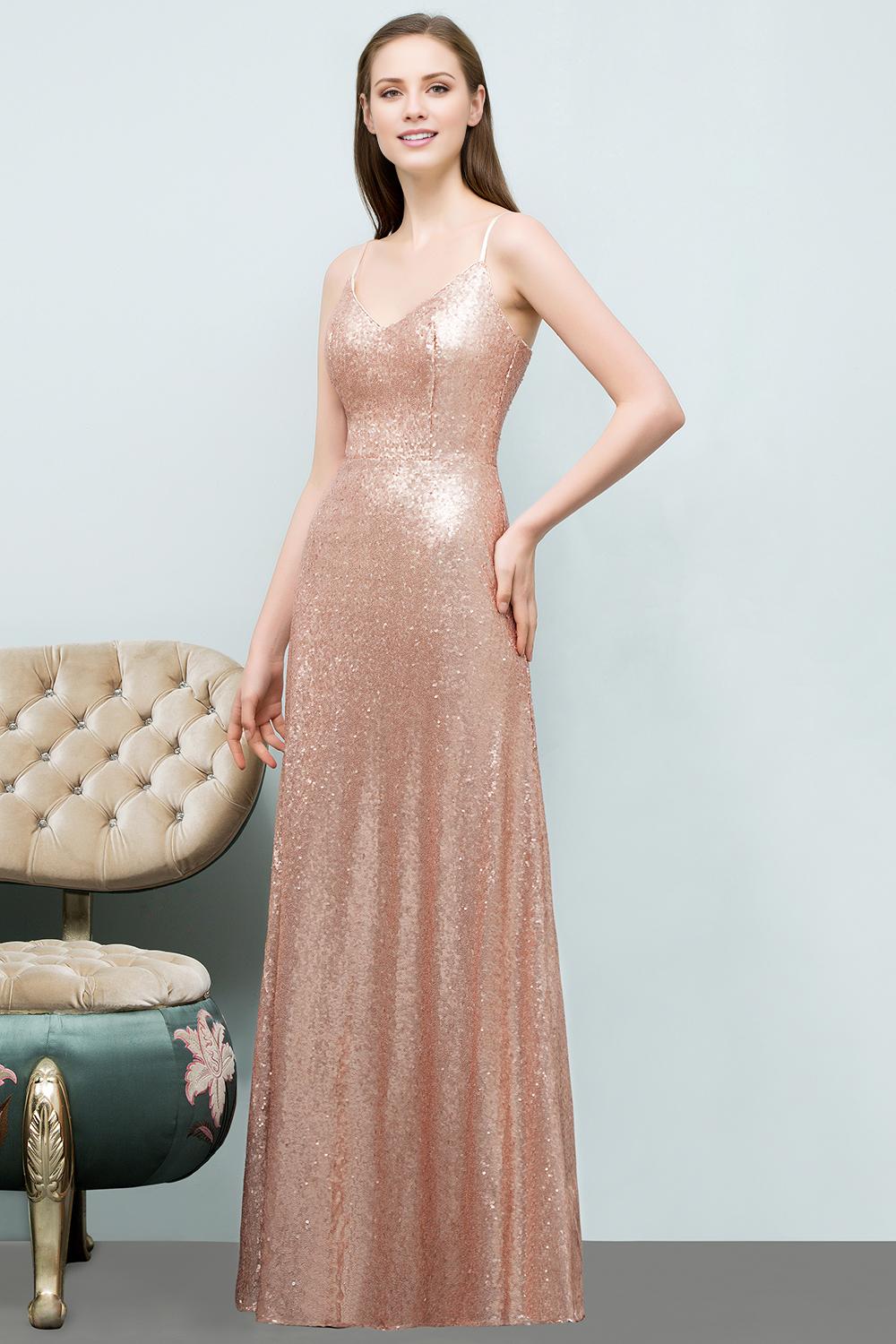 A-line Sequined V-Neck Spaghetti-Straps Sleeveless Floor-Length Bridesmaid Dress