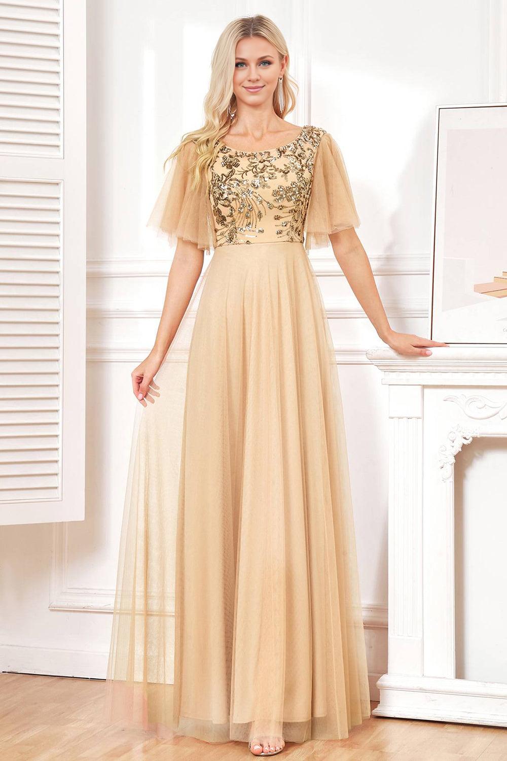 Champagne A Line Sequins Tulle Floor-Length Dress with Bat Sleeves