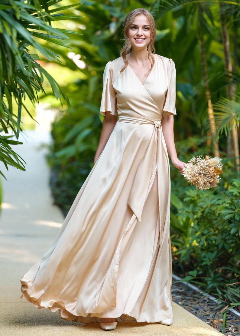 Champagne Gold V-neck Half Sleeve Long Formal Bridesmaid Dress