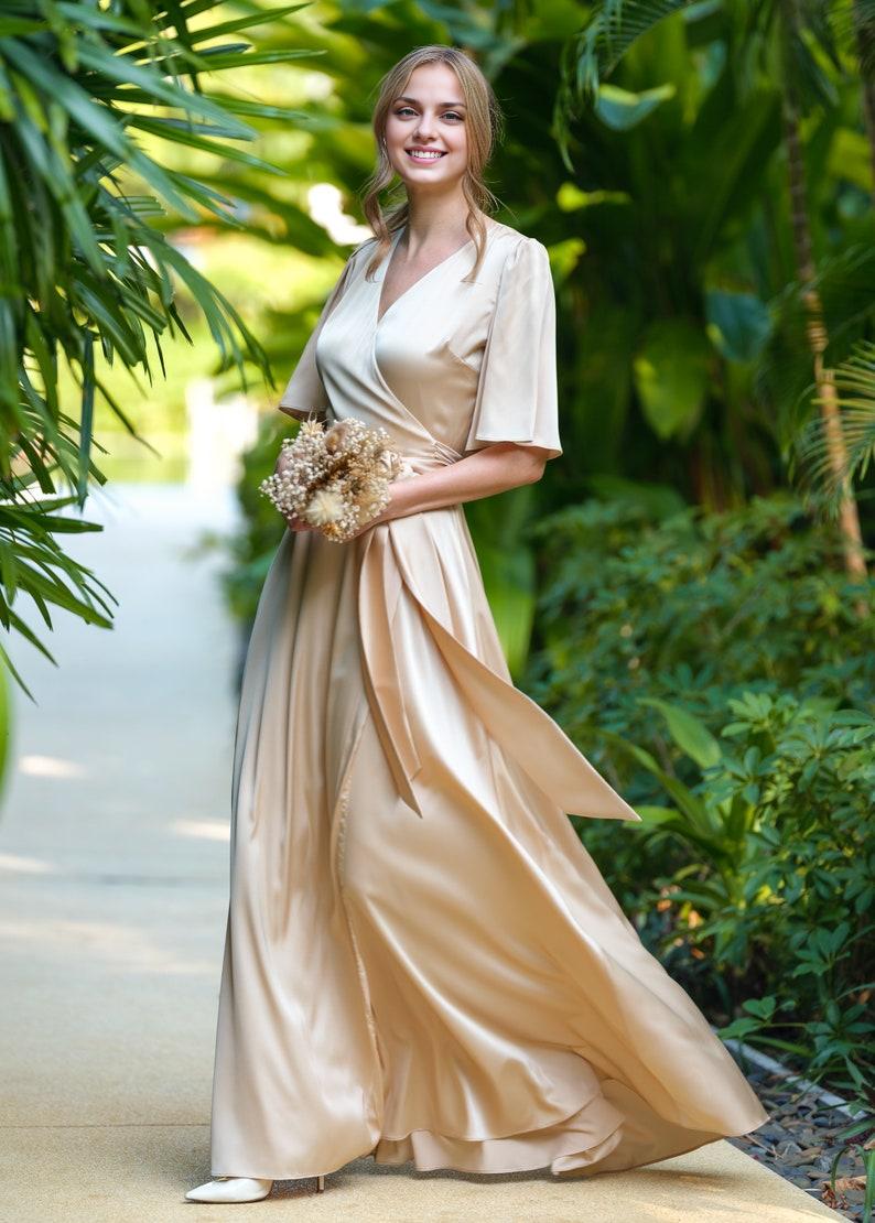 Champagne Gold V-neck Half Sleeve Long Formal Bridesmaid Dress