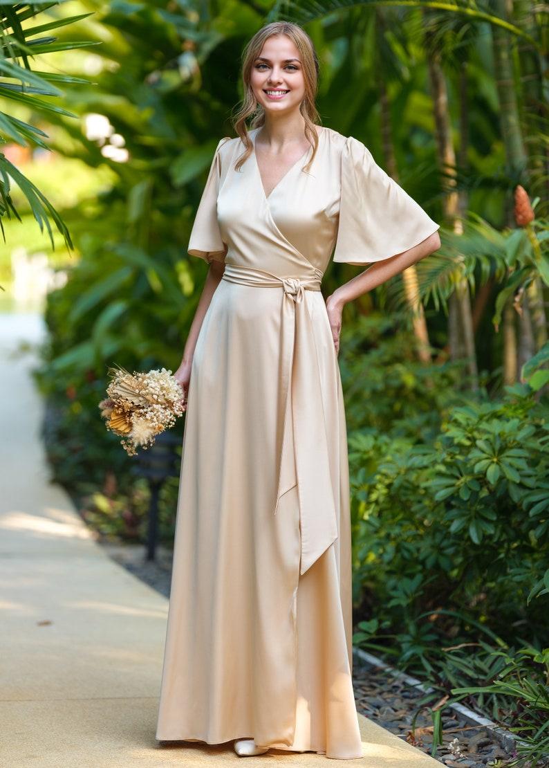 Champagne Gold V-neck Half Sleeve Long Formal Bridesmaid Dress