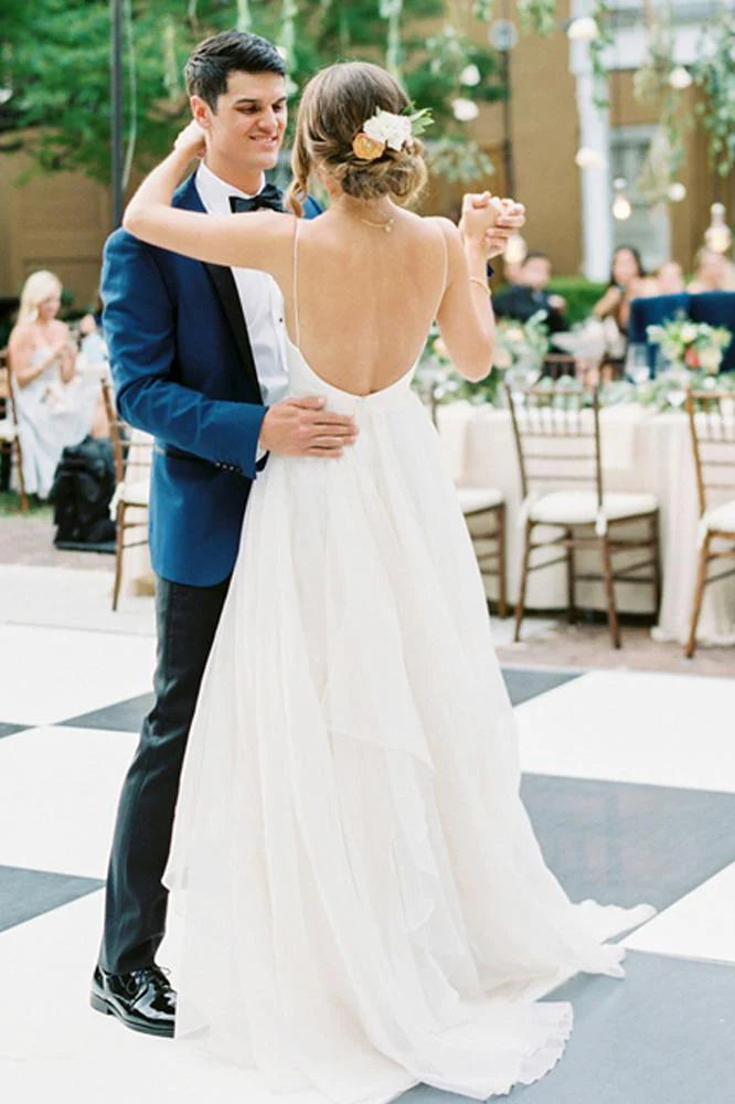 A Line V Neck Backless Ivory Chiffon Pleats Sleeveless Beach Wedding Dresses