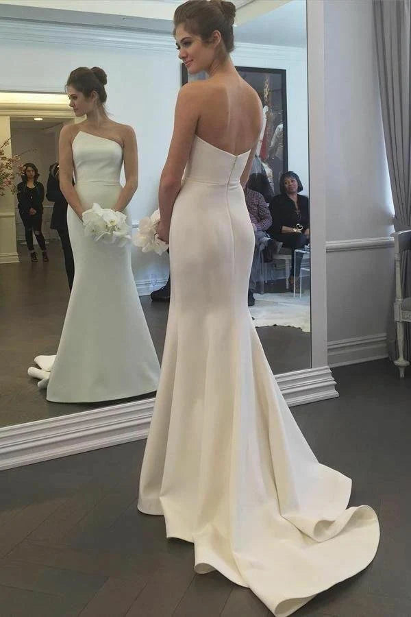 Charming Irregular Strapless Satin Wedding Gown Mermaid Backless Wedding Dresses