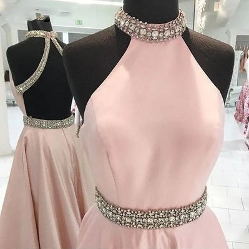Elegant Charming Long Open Back Beading A-Line Pink Prom Dresses With Pockets