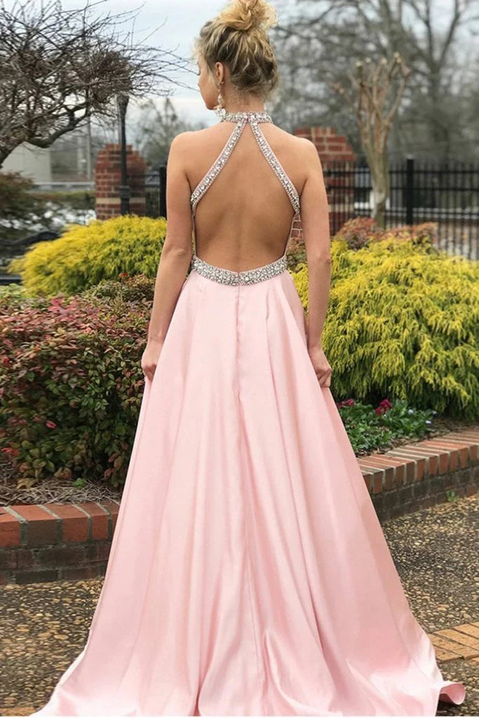 Elegant Charming Long Open Back Beading A-Line Pink Prom Dresses With Pockets