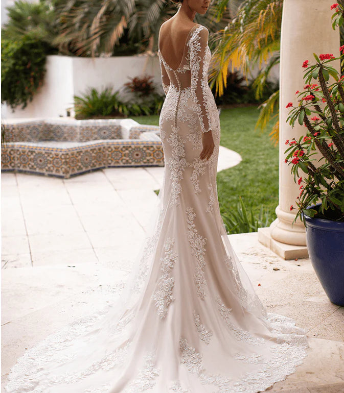 Dingji WeddingjiDress Charming Mermaid Vneck Long Sleeves Ivory Lace Long Wedding Dresses