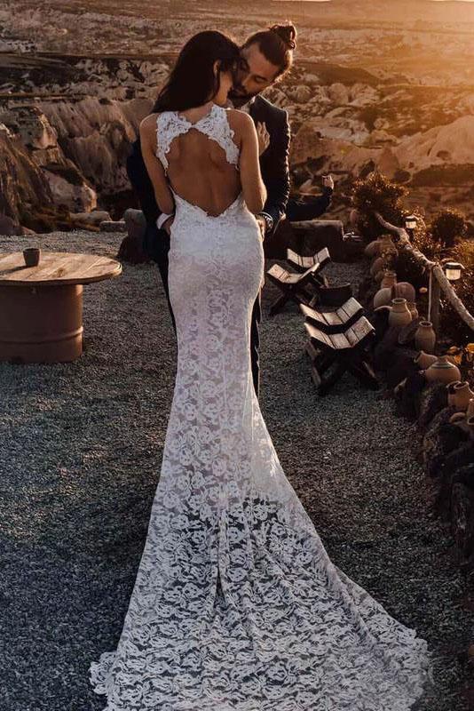 Charming Sheath Lace Bride Gown with Slit Open Back Ivory Boho Wedding Dresses