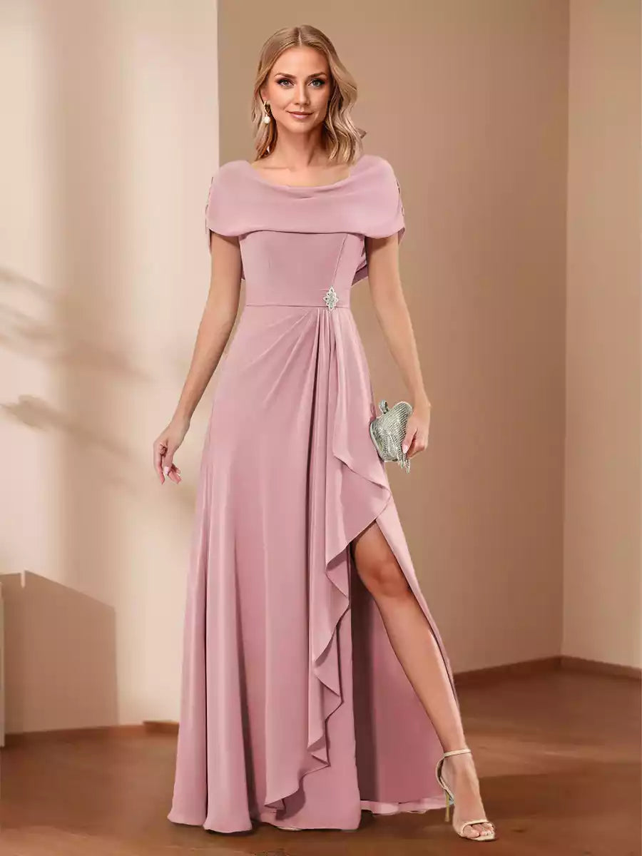 Charming A-line/Princess round neck asymmetrical diamond studded ruffle edge slim fit long Mother of the Bride Dresses