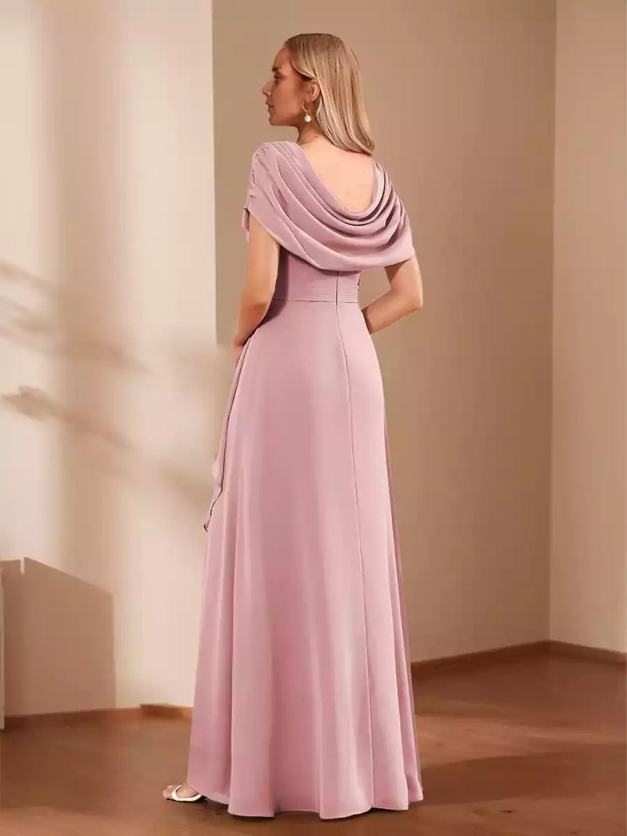 Charming A-line/Princess round neck asymmetrical diamond studded ruffle edge slim fit long Mother of the Bride Dresses