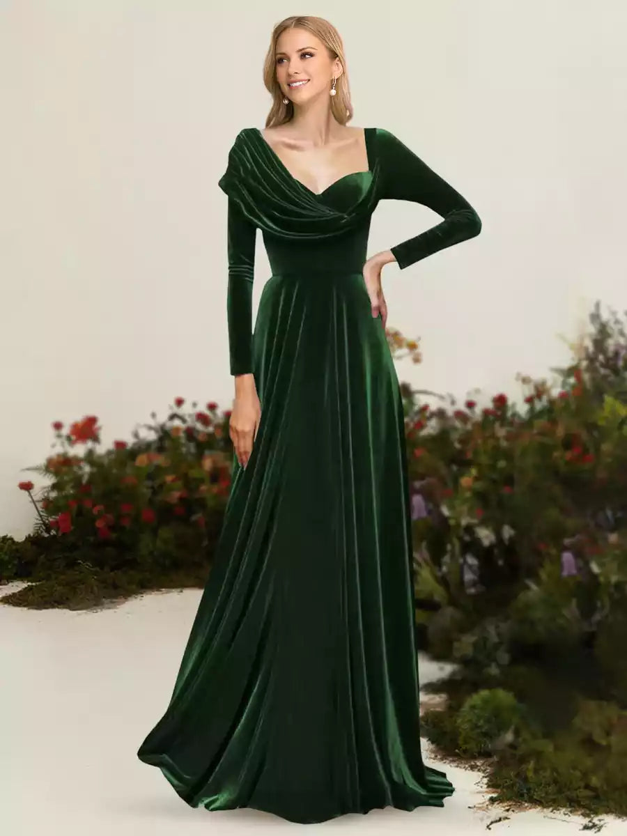 Charming A-line/Princess style asymmetrical long sleeved pleated velvet Mother of the Bride Dresses