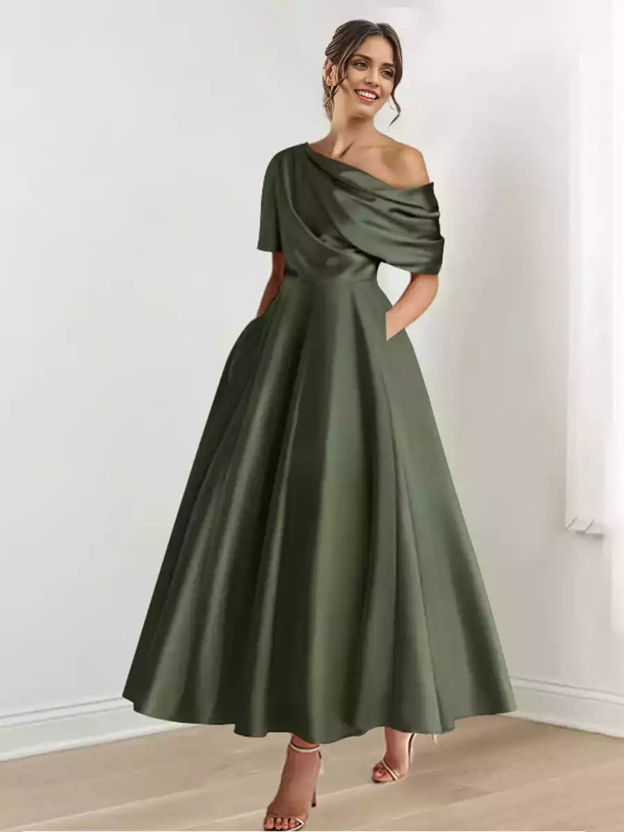 Charming A-line/Princess style single shoulder half sleeve ruffled Mother of the Bride Dresses