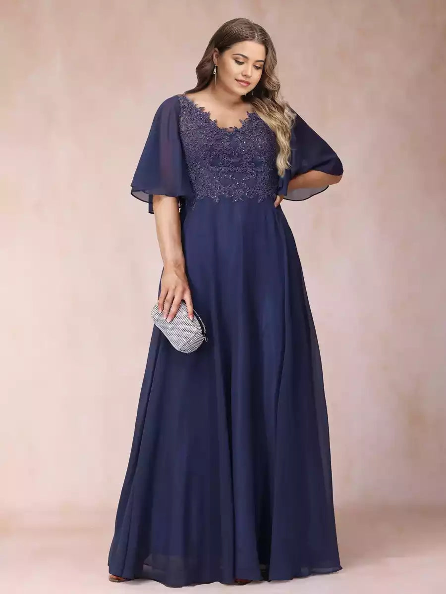 Charming A-line/princess style V-neck half sleeve long formal plus size bead and decal Mother of the Bride Dresses