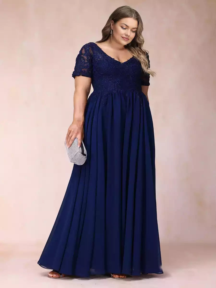 Charming A-line/princess style V-neck short sleeved long formal plus size bead and decal Mother of the Bride Dresses