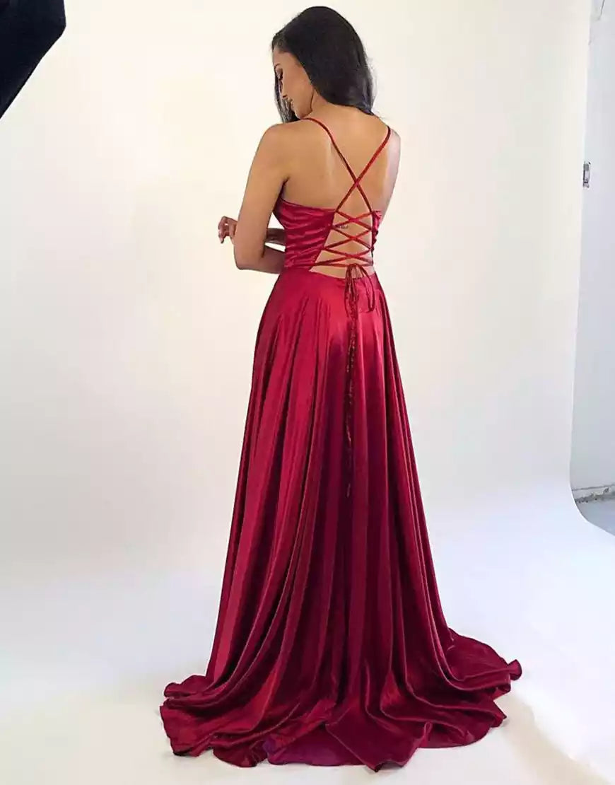 Charming A-line satin thin shoulder strap, sleeveless collar, lace up, back slit Prom Dresses