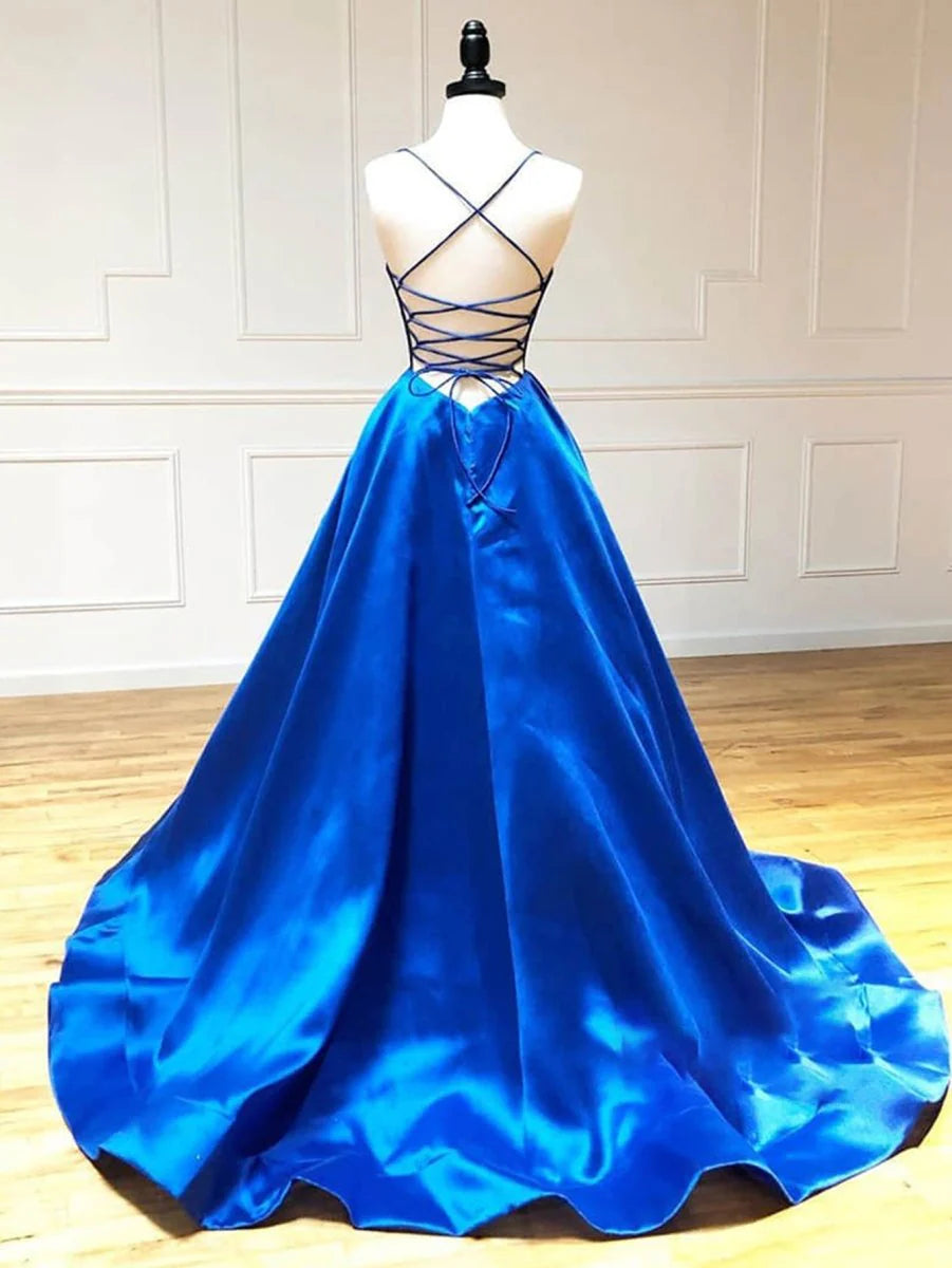 Charming A-line satin thin shoulder strap elegant and exquisite sleeveless and floor cut lace up back Prom Dresses