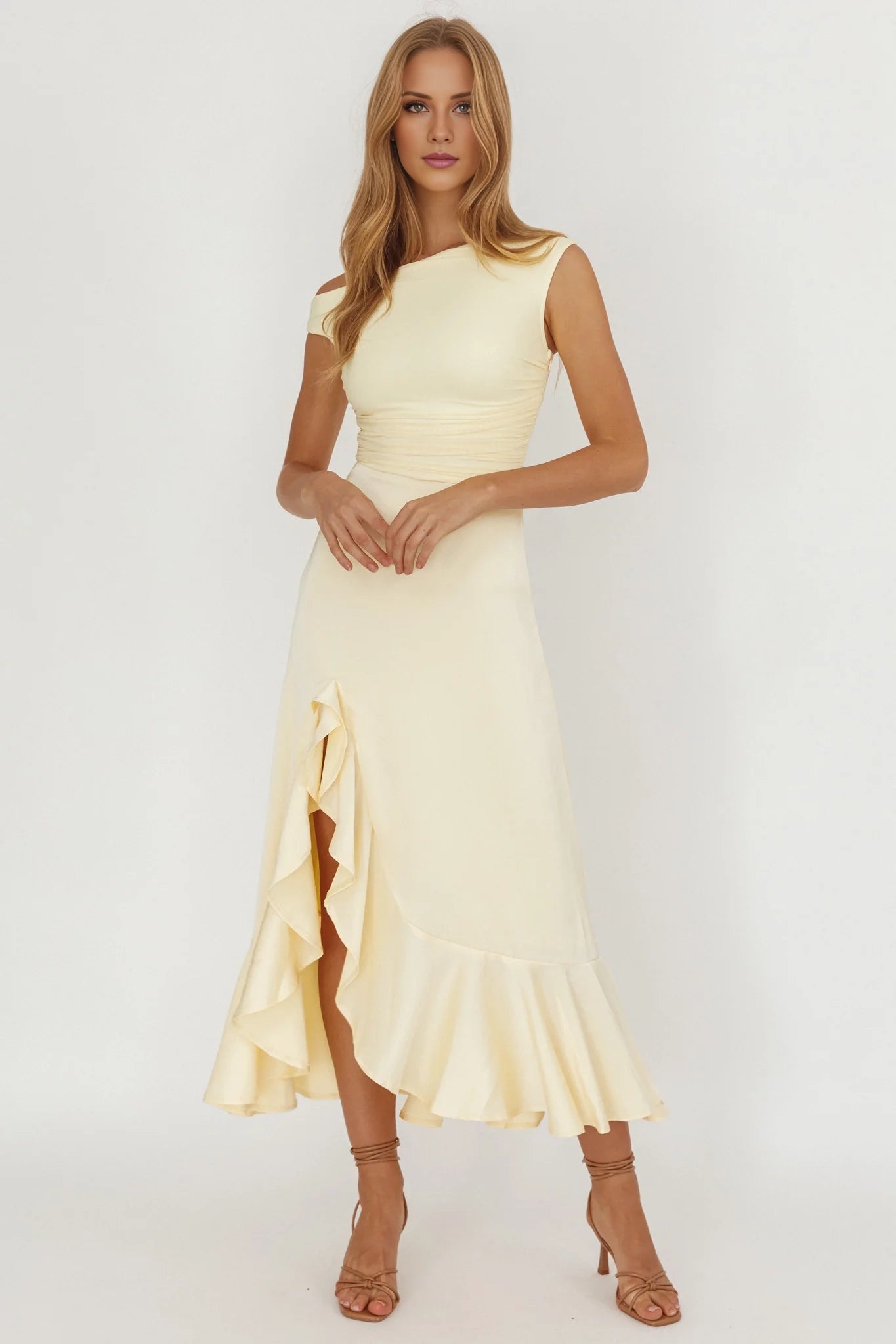 Charming asymmetrical neckline satin ruffled leg slits Homecoming Dresses