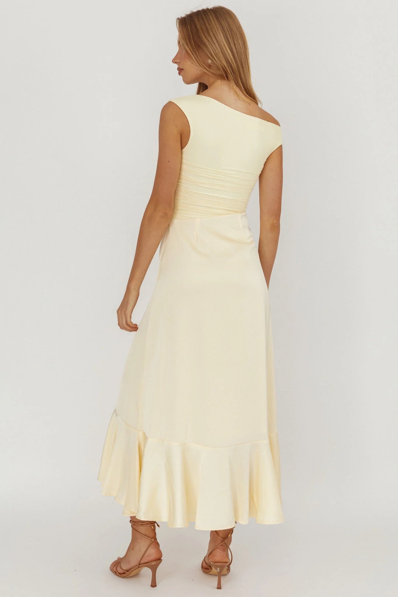 Charming asymmetrical neckline satin ruffled leg slits Homecoming Dresses