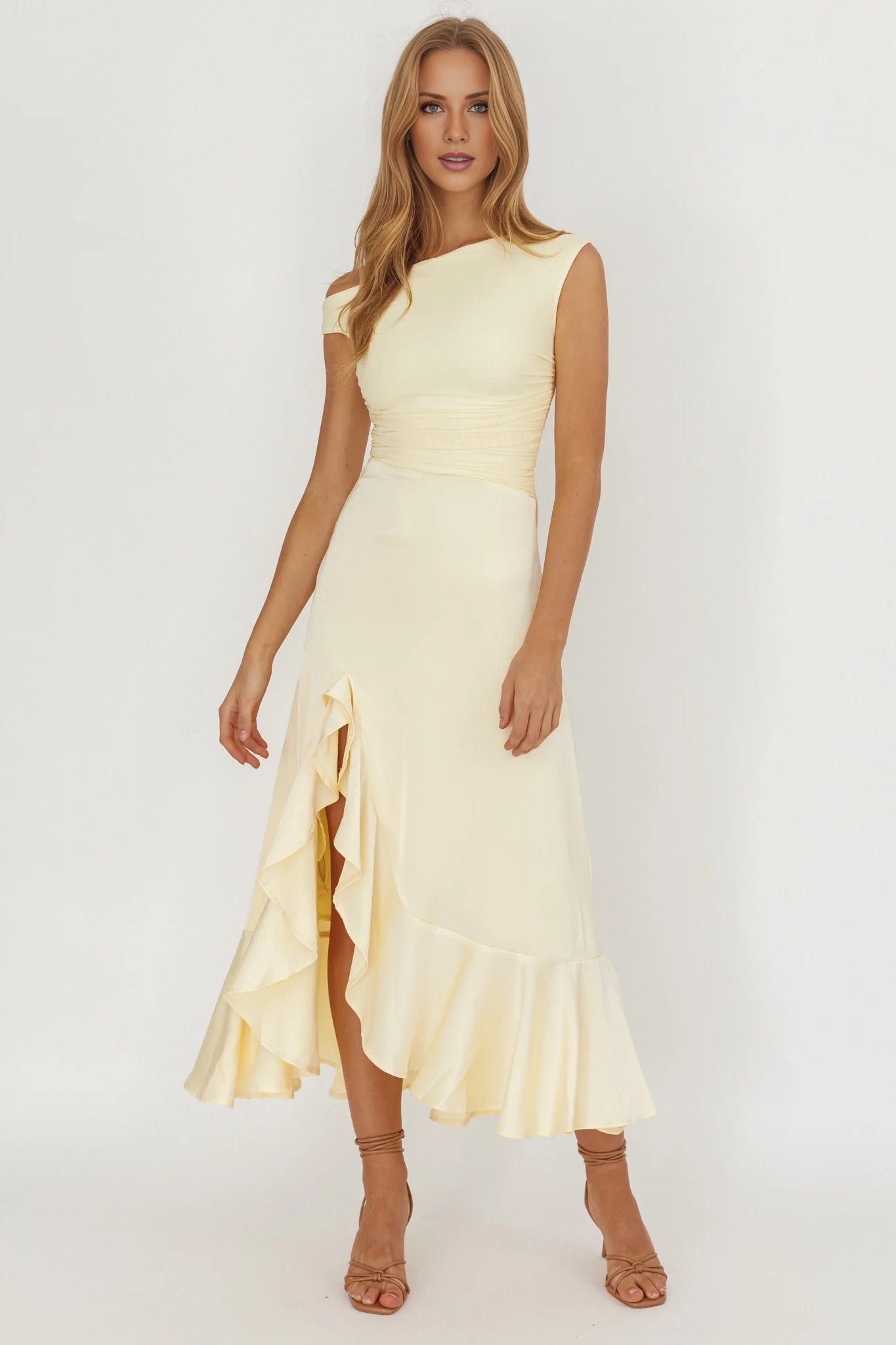 Charming asymmetrical neckline satin ruffled leg slits Homecoming Dresses