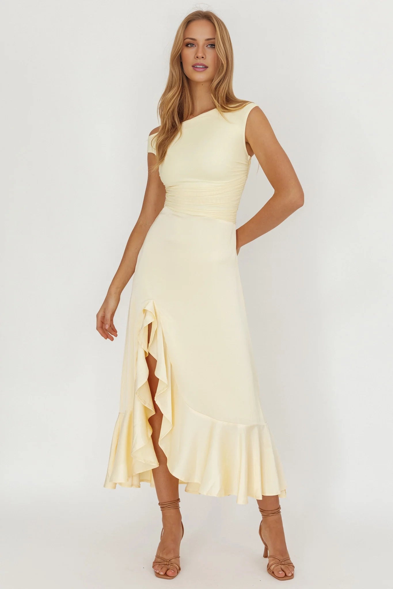 Charming asymmetrical neckline satin ruffled leg slits Homecoming Dresses